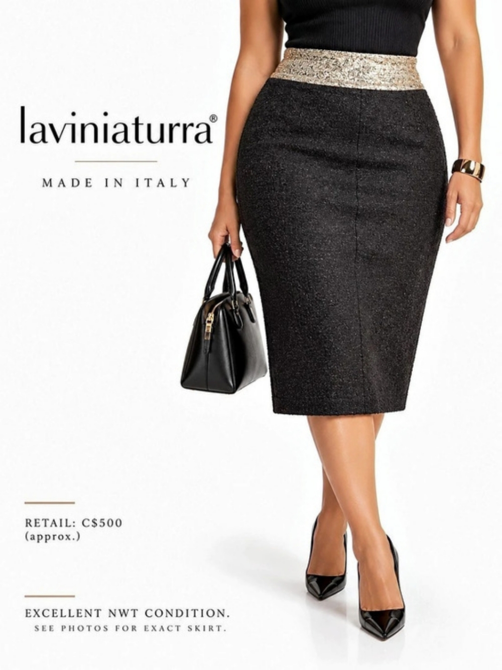 laviniaturra G380 Pencil Skirt in Black & Gold Size 48 NWT High End Designer